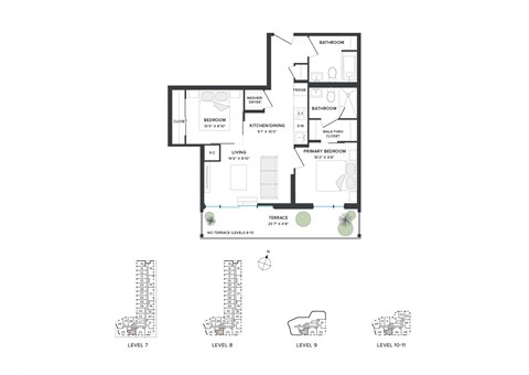 Floor plan for 2 beds, 2 baths, 691 sqft